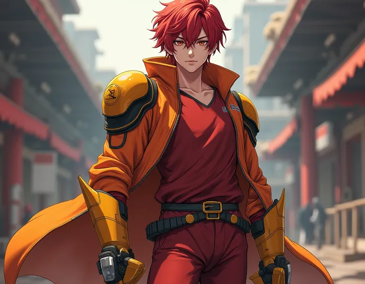 An anime boy with short red hair, orange eyes, wears orange and dark red shoulder armor, an orange jacket, a red shirt, red pants, yellow rocket armored boots