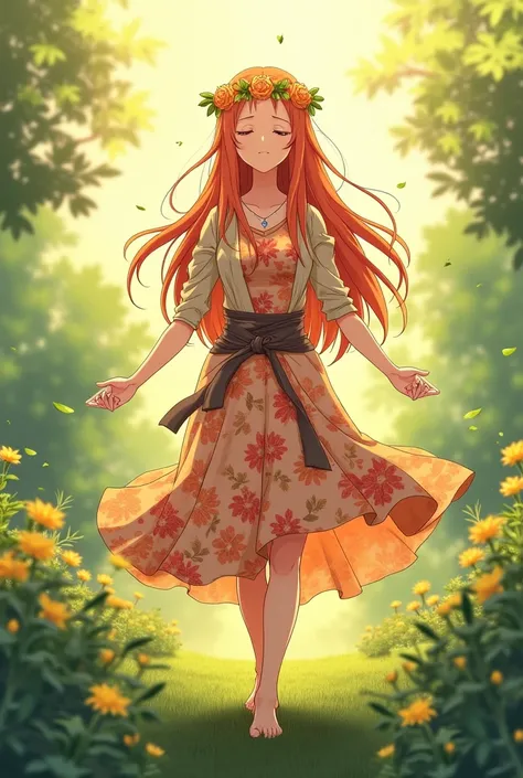  anime Asuna Yuuki with orange hair and orange eyes .  She is wearing a floral band on her forehead ,  a hippie dress with belt and a thin hippie jacket. She does yoga and closes her eyes and stands 