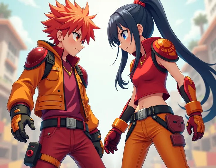 An anime boy with short red hair, orange eyes, wears orange and dark red shoulder armor, an orange jacket, a red shirt, red pants, yellow rocket armored boots he meets an anime girl with long dark blue hair wears a large short upward ninja tail and a quiff...