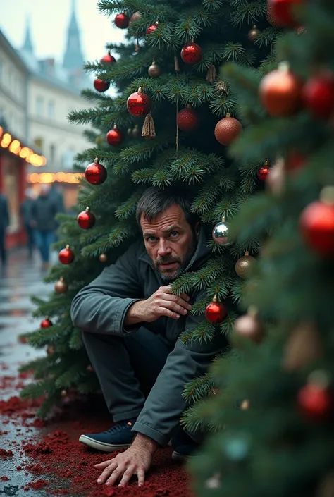 (photorealism:1.2), German man, climbed in christmass tree, during christmas market. Scared face, car crashed, blood everywhere, bodies flying, crying, in car,hiding behind pole