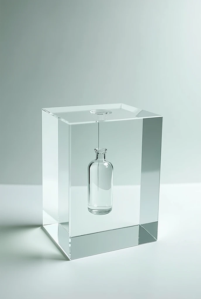 Clear lucite acrylic cube with a small, empty, and diagonal glass ampoule inside