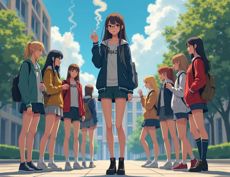  A student girl with red fingernails ,  in high-heeled shoes is standing in front of the university building smoking a cigarette, He holds a pack of cigarettes in his hand . Other girls are standing next to each other and smoking 