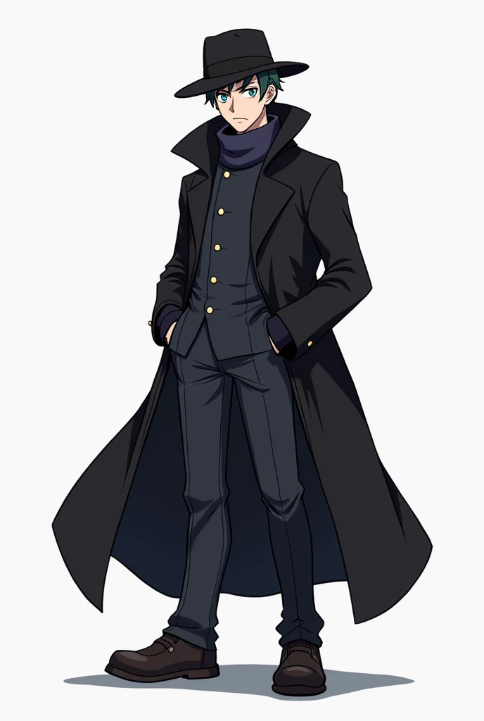 a cartoon image of a man in a long coat and hat, ( ( wearing a long coat ) ), technological longcoat, single character full body, professor clothes, as an anime character, tall anime guy with blue eyes, he is wearing a black trenchcoat, inspired by Yamagat...