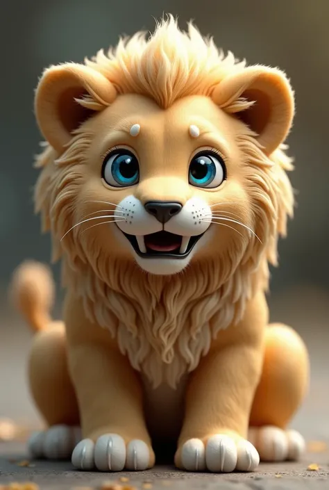 Lion realistic ghost mix in 4k gold and white facing forward showing his fangsOrelhas de animais, toys, wolf ears,  with your mouth shut,  Blue Eyes, Language,  American plan ,  simple background , hood, film grain,  3D rendering , 