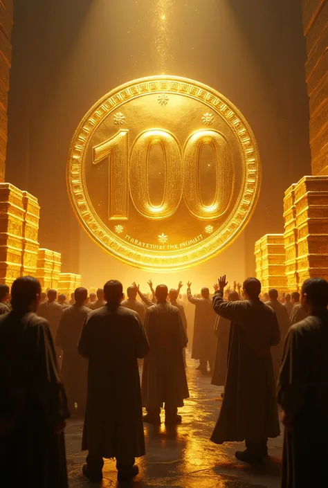 People worship the 100 dollar coin with gold bars behind them