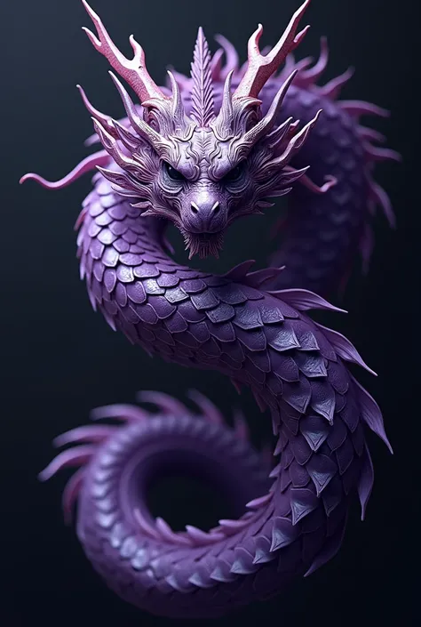 Make a purple oriental dragon with a steel mask and a black background 