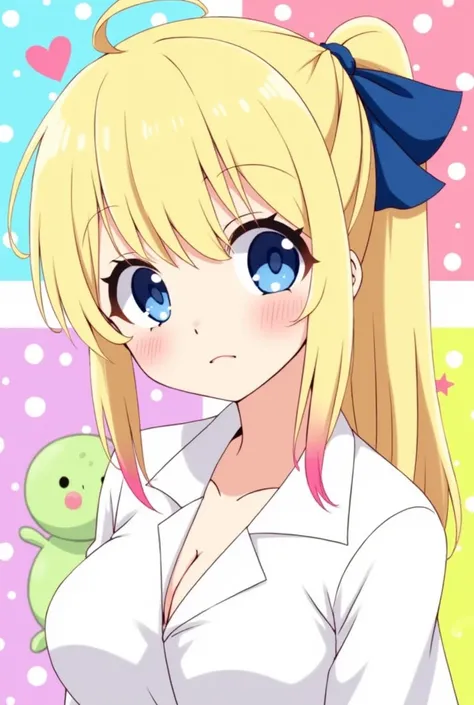 An anime-style illustration inspired by the art style of Oshiete! Galko-chan, featuring an 18-year-old blonde girl with long hair tied in a side ponytail secured with a large blue ribbon. Her hair has subtle pink highlights, and her large, bright blue eyes...