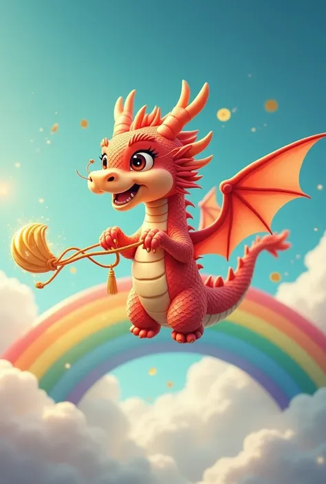 a chinese dragon is on the sky and a rainbow under his feet, the dragon is very cute, and a gold ingot in his hand