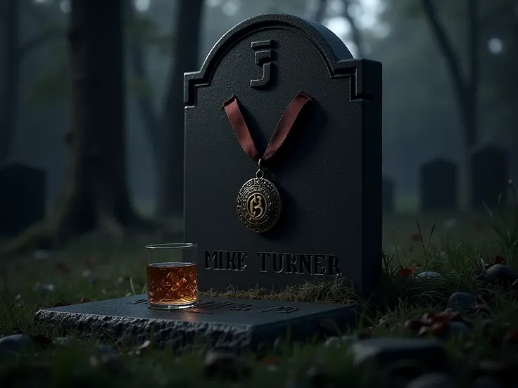  a grave with a medal above , The grave must be black and big,  and the medal must be from the FIB ,  next to it a shot glass of whiskey on the headstone, The headstone should read Mike Turner, The headstone must be large, It must be all dark and gloomy, a...