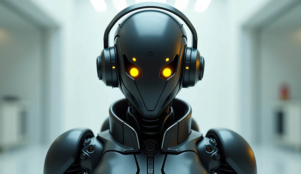 A cyborg , looking from the front,  model wearing a futuristic headphone helmet and glowing yellow eyes
