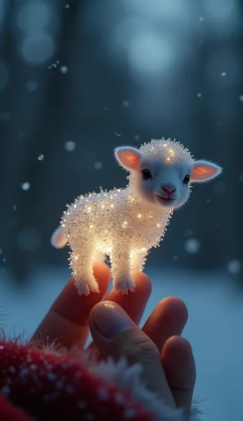  A baby lamb with a very small diamond body is perched on the fingers of a woman dressed as Santa Claus in her 20s 。 Her sparkling crystal-like body illuminates her transparent body very beautifully by moonlight。The body has a fluffy coat and is soft 、 sta...