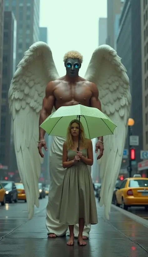 On a busy sidewalk in a city filled with tall buildings, a close-up of a blonde woman as she stands, holding a light green umbrella, calling for a taxi. Her expression is focused and determined as she waits. Behind her, an angel with large, white wings and...