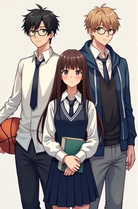 Contemporary art of 3 men the first man is 18 years old , the second is 19 and the last man is 17 an 18 year old woman, he has semi-long disheveled black hair, with light brown eyes with glasses and with a white long-sleeved shirt and a navy blue tie and w...