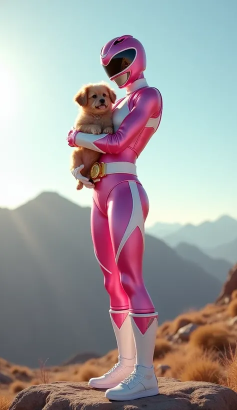 A hyper-realistic, full-body cinematic illustration of a Pink Power Ranger standing tall on a vast mountain plain under a bright, clear sky. The Ranger is gently cradling a cute, fluffy dog in her arms, with the dog looking playful and relaxed. The Pink Ra...