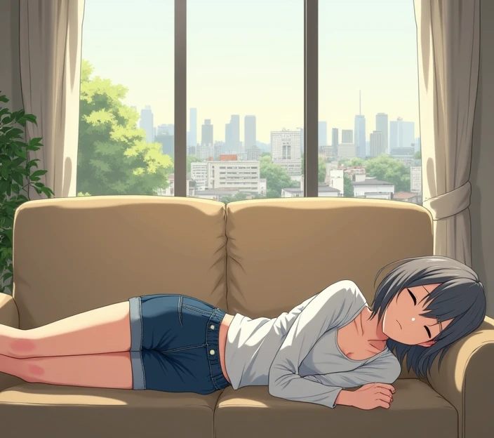  A 44-year-old anime style woman , anime To love ru,  soft lighting ,  she is lying on her side in a formal horizontal position on the beige furniture in the living room on the third floor of a beige building in the center of the city of Shibuya in Tokyo, ...