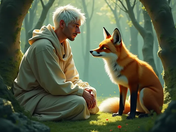 create an image with a fox and a man with short white hair and heavenly yellow eyes