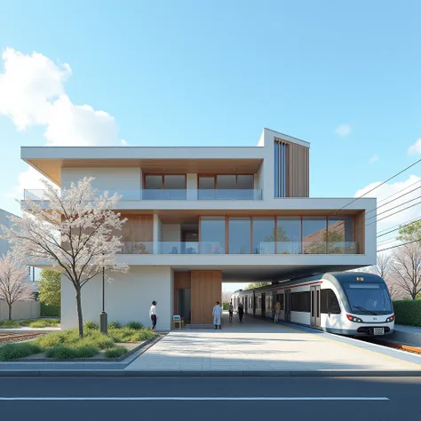 A partially Japanese-style modern building combining a train station and a house
Train train is arriving
There are also passengers
Modern Japan
Early summer
blue sky