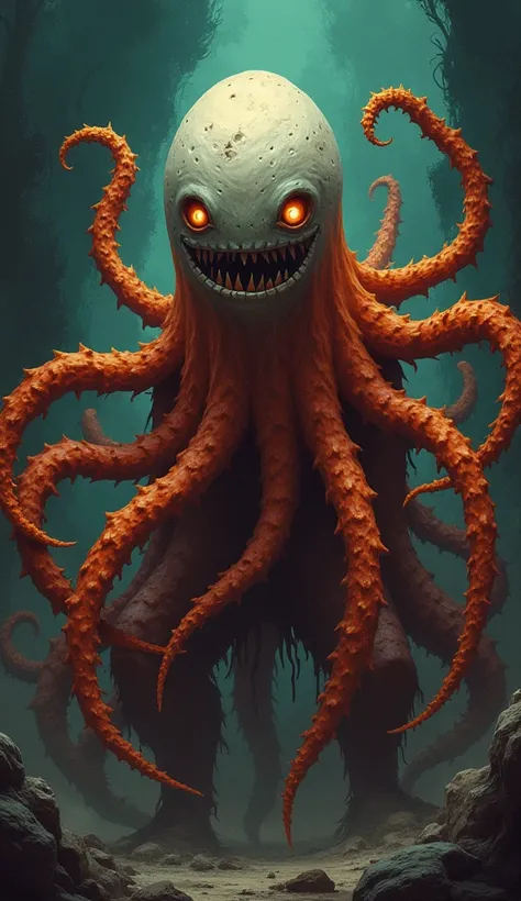 dark shadow shilloute A group of strange eerie eldritch orange tentacles creature with a white heads with no eyes and a grin frame around its head standing on a glowing eyes looking at the viewer, chaos background, epic anime style