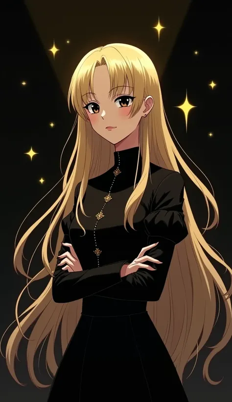 anime dark shadow shilloute of a focused 34 year old female wearing a simple victorian gothic black dress with long straight blond hair and black eyes with arms crossed bursting with a powerful epic gold aura while looking at the viewer with a death stare,...