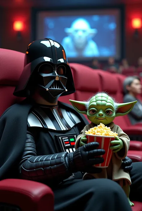 Image of Darth Vader and Yoda enjoying a movie at Cinemark eating popcorn