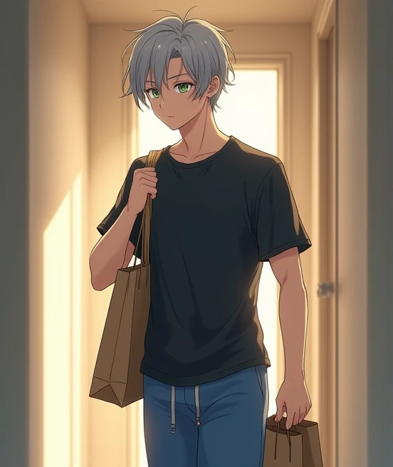  An 18-year-old anime man  , anime To love ru,  soft lighting , Standing in the corridor of the living room on the third floor of a beige building in the center of the city of Shibuya in Tokyo, , on day, He is 1,71 cm, You have silvery-gray hair ,  his bod...