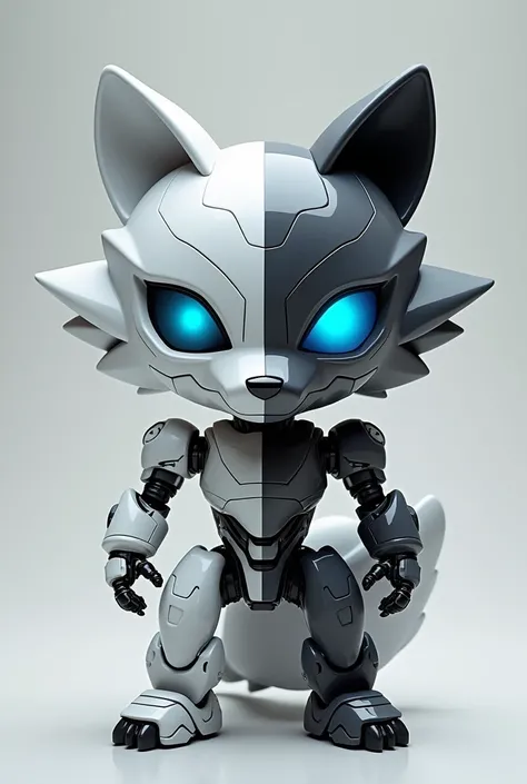 Collectible figure in chibi style of Tynox, an adult wolf robot created by Titans . The character is standing in a front position,  with its body clearly divided into two vertical halves : the left side completely white and the right side in metallic gray ...