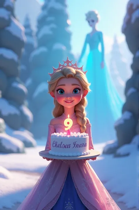 a  girl wearing a princes dress with a crown in her hair, holding a birthday cake with the name "CHELSEA INARA" written on it and the number 9 candle, looking at the camera and smiling, frozen kingdom of ice background, princess elsa Anna. detailed and rea...