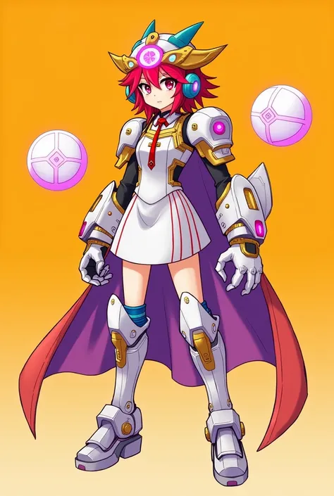 A character with a blend of mechanical and fantasy elements, set against a bright orange background. The character is a young girl with vibrant red hair, styled to convey motion, and glowing pink eyes. She wears a futuristic mechanical helmet designed with...