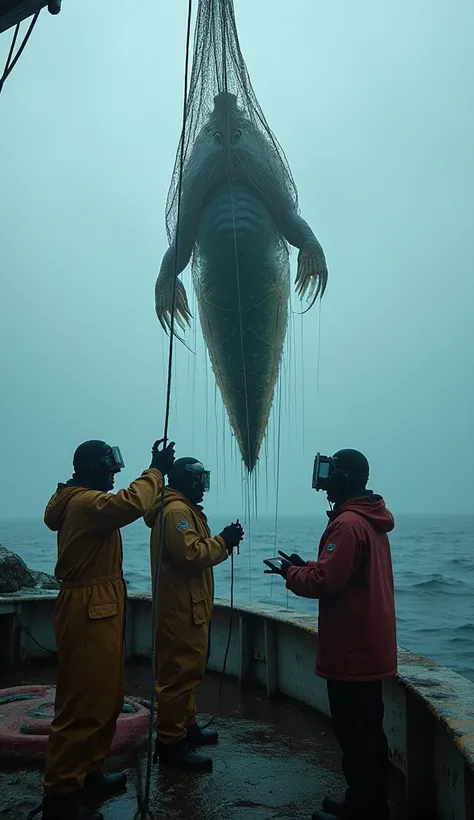 A team of marine biologists on a weathered fishing boat, carefully studying a monstrous deep-sea creature suspended in a net. The creature has translucent skin, glowing veins, and sharp, alien-like features, dripping water back into the ocean. The scientis...