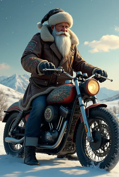 Russian Santa Claus biker with motorcycle tattoo 