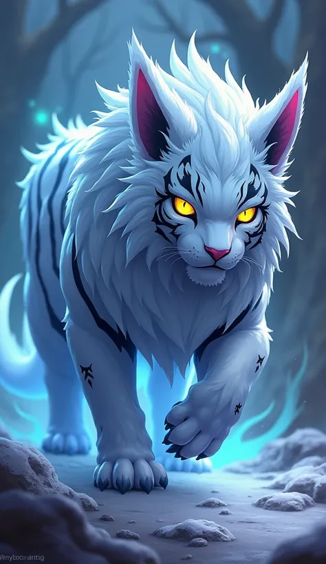 Create 32k resolution of a dangerous and untamable hybrid fusion between a snow tiger and Umbreon from a dark fantasy, unearthly, unpredictable galaxy. The hybrid combines the brutal strength and agility of a massive snow tiger with the ethereal, glowing a...