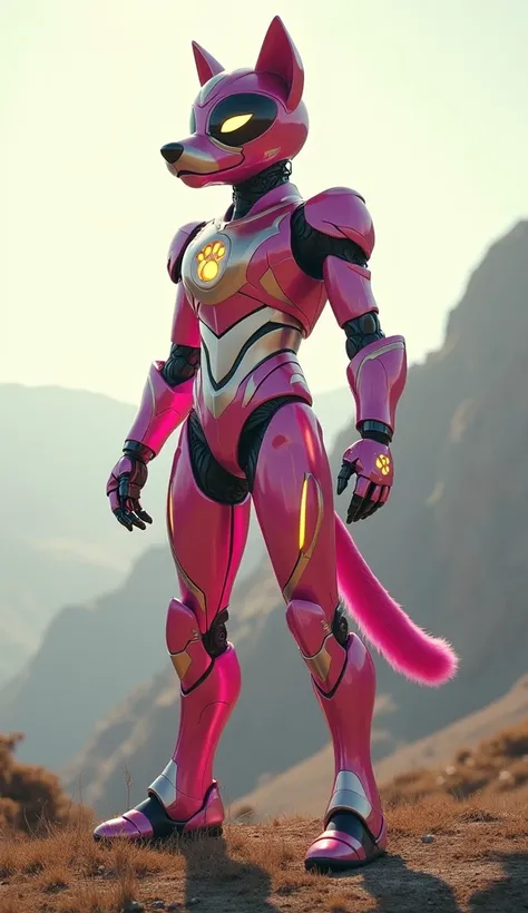 A hyper-realistic, full-body cinematic image of a humanoid hybrid robot created from the fusion of a Pink Power Ranger and a playful dog. The character features sleek, metallic armor in pink and silver, with yellow accents glowing softly. The hybrid incorp...