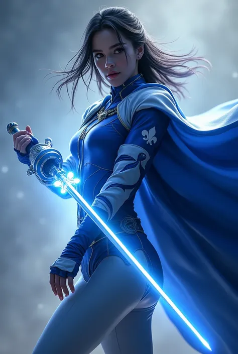 ((masterpiece, highest quality, Highest image quality, High resolution, photorealistic, Raw photo, Extremely detailed CG unified 8k wallpaper))Appearance: (Sleek, blue and white costume with a fleur-de-lis symbol and a flowing cape:1.9)

Power: (Mastery of...