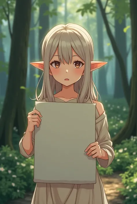  Make an elf girl with a sign hiding her breasts, Slightly clothed and asking for help, com design de anime, e com os seios de fora 