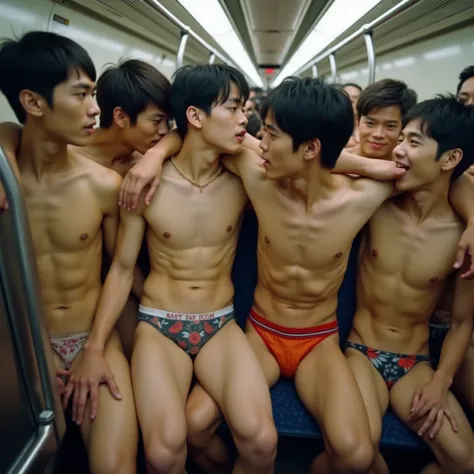  surrenders,photograph, super high definition ,An overcrowded train crowded with handsome teenage Japanese men naked and in underwear riding in close contact with each other,erect penis, full body,