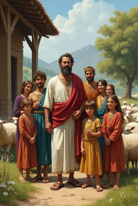 Job short hair and beard from the biblical era with his family 10 ren and their sheep a big happy house