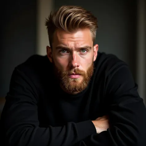  Attractive and elegant 27-year-old man , with a thick and well-groomed beard ,  blond hair , parts,  green eyes,  black sweatshirt .  arrogant expression. in the background, sitting in a studio and his elbows are resting on the armrests of the seat and is...