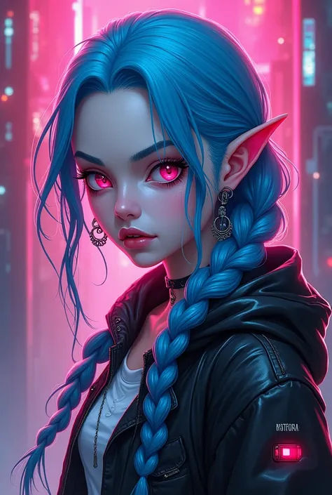 Teenage girl Jinx, with pale skin, pink eyes, and blue hair in two long braids, her face a soft yet angry gaze, clad in Aetherpunk attire, a fusion of diverse punk genres. Pink and blue hues dominate her color palette, set against a dystopian sci-fi backdr...