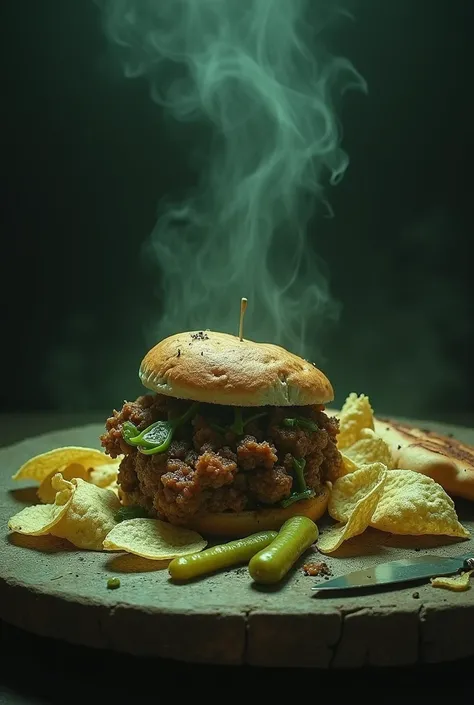 Foul sandwich and potato chips with pickles and Egyptian bread. The colors of the picture are green and black 