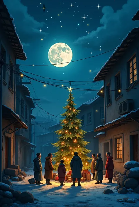 Christmas in a slum, poor,  at night, stars, medium moon, Christmas tree