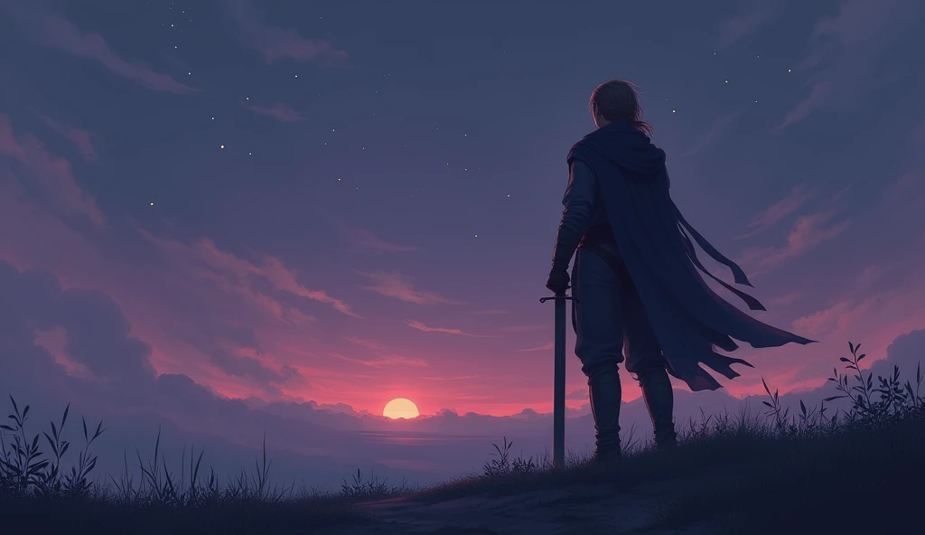 "A vivid image of David standing alone under a twilight sky, holding his sword loosely, his expression softened in deep thought, the scene filled with purples and blues, symbolizing calm after the storm, stars beginning to twinkle above."
