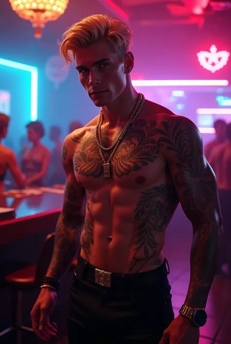 British sexy and Caucasian handsome tall muscular blonde tattoos all over jewelry 22 years old attractive boxer body with a male escort in a nightclub 