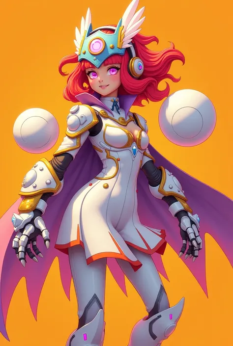 A character with a blend of mechanical and fantasy elements, set against a bright orange background. The character is a girl fighter with vibrant red hair, styled to convey motion, and glowing pink eyes. She wears a futuristic mechanical helmet designed wi...