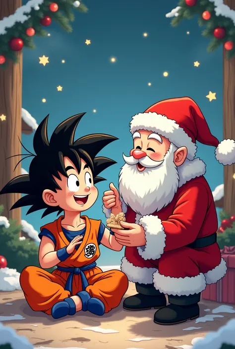 Create the cartoon of Goku sitting with a Santa Claus hat for Christmas
