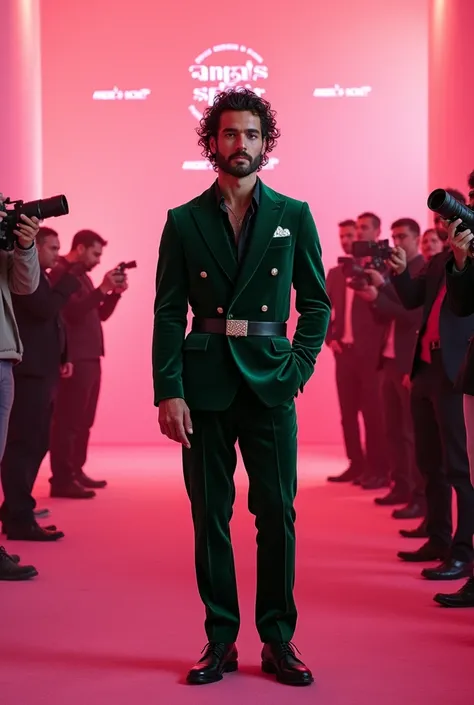  Creates an image of a tall Italian muscular man ,  curly wet middle hair brushed back ,  logos wear a velvet green suit ,  with a black diamond belt ,  with slightly buttoned black shirt underneath , Its a light pink wall / pink with repeated  "ANGELS SEC...