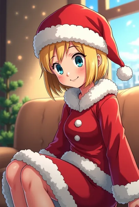 Create the cartoon of the seated Dragon Ball character Android 18,  with a Santa Claus hat on his head for Christmas
