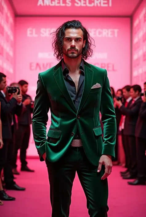  Creates an image of a tall Italian muscular man ,  curly wet middle hair brushed back ,  logos wear a velvet green suit ,  with a black diamond belt ,  with slightly buttoned black shirt underneath , Its a light pink wall / pink with repeated  "ANGELS SEC...