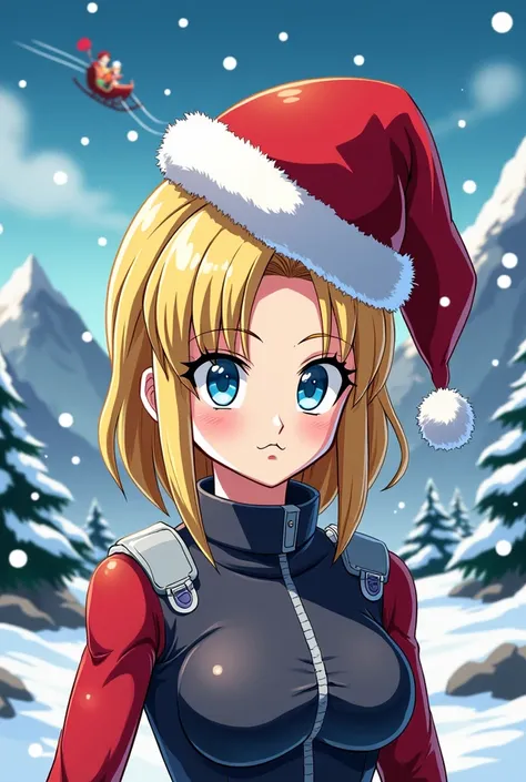 Create the cartoon of the Android 18 Dragon Ball character with a Santa Claus hat on her head for Christmas
