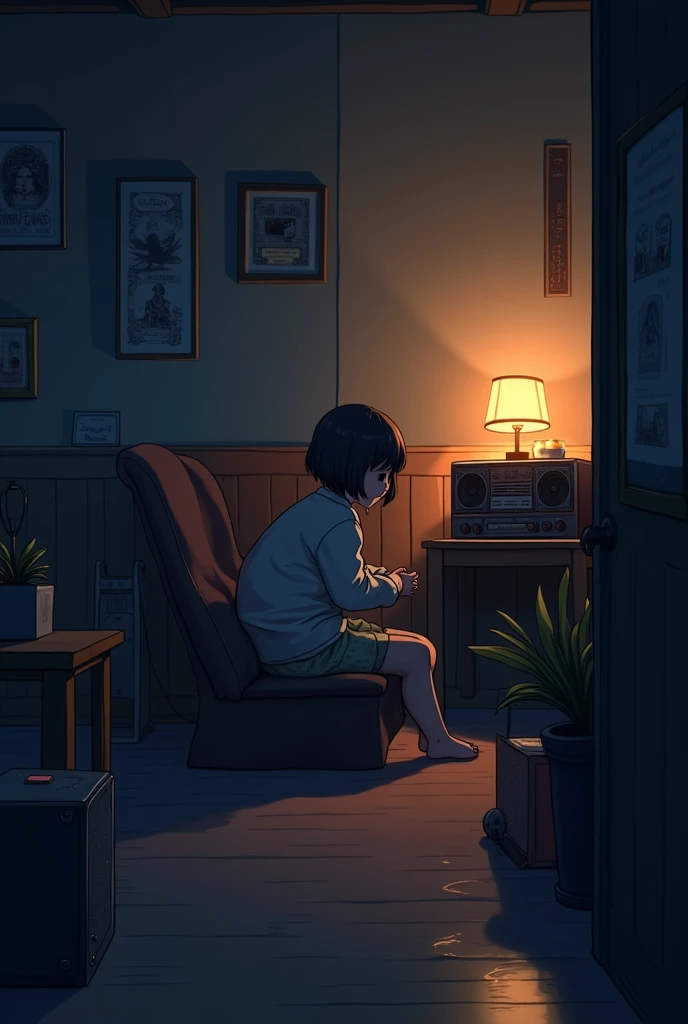  listening to music in a cozy room at night, Using Furnos de Uviedo, 2D style anime, lo-fi, k hd,  dark environment