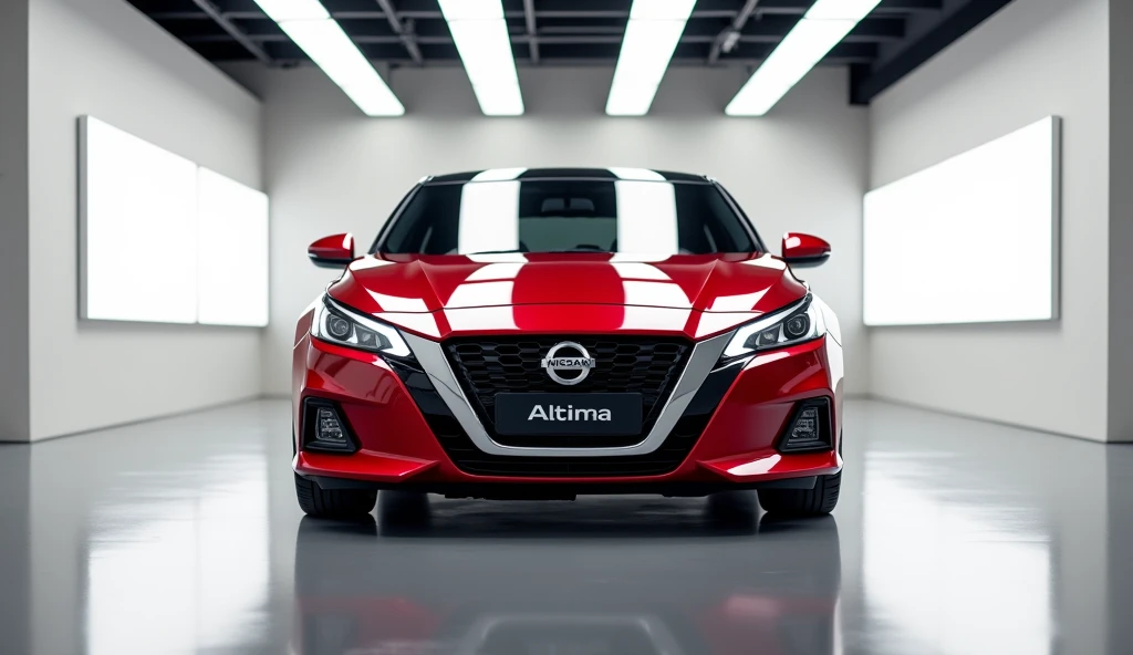 A photo of a red 2025 Nissan Altima parked in the middle of a bright, modern gallery with smooth, reflective floor .  the car is displayed from the front   .   the tube lights light are reflecting on the car and makings line on the car. The gallery has a m...